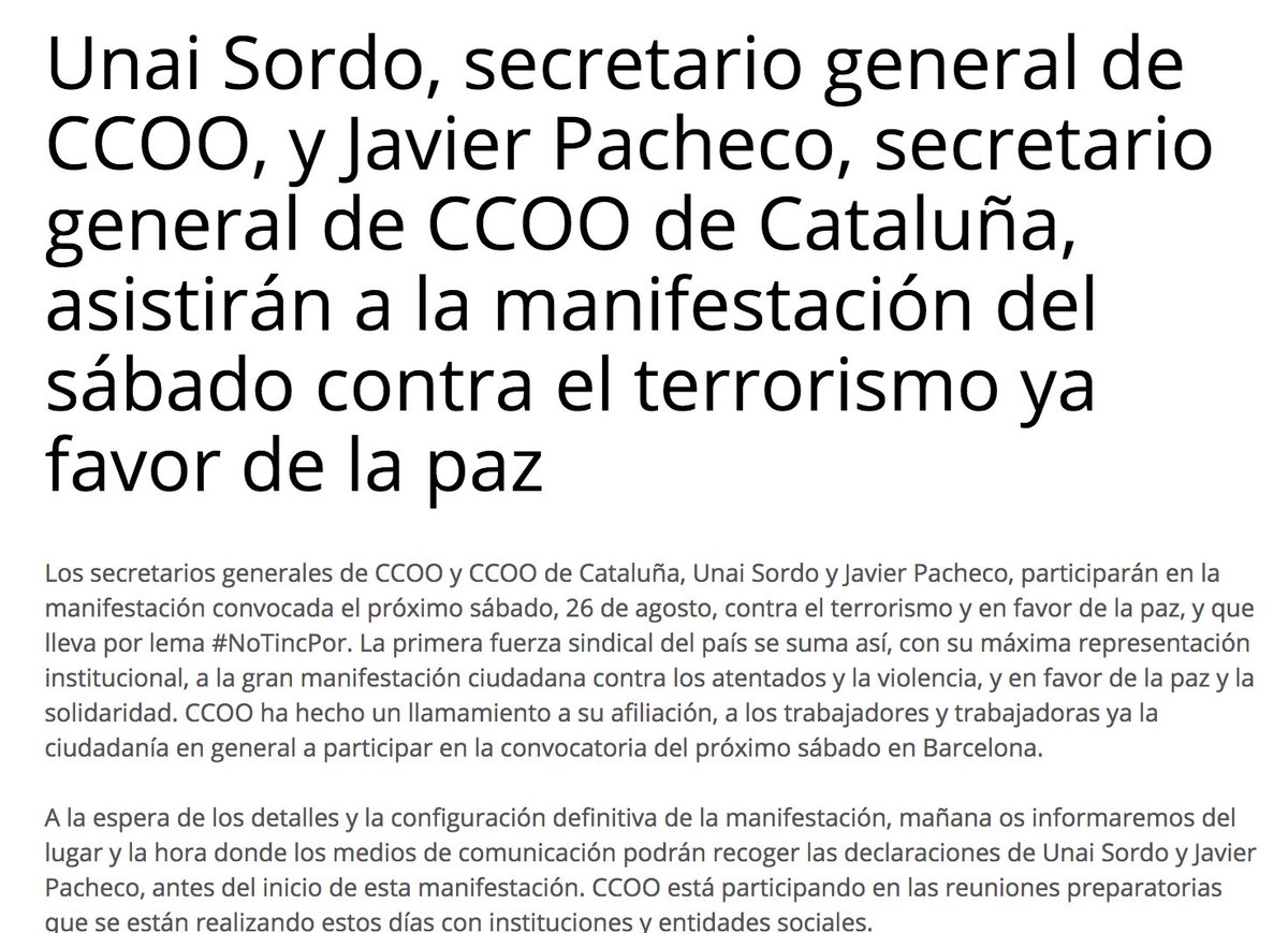 .<a href="/UnaiSordo/">Unai Sordo</a>, sec. general de <a href="/CCOO/">Comisiones Obreras</a>, y Javier <a href="/PachecoJpacheco/">Javier pacheco #OFENSIVACCOO</a> sec. general de <a href="/ccoocatalunya/">CCOO de Catalunya</a>, asistirán a la manifestación del Sábado #26Ago