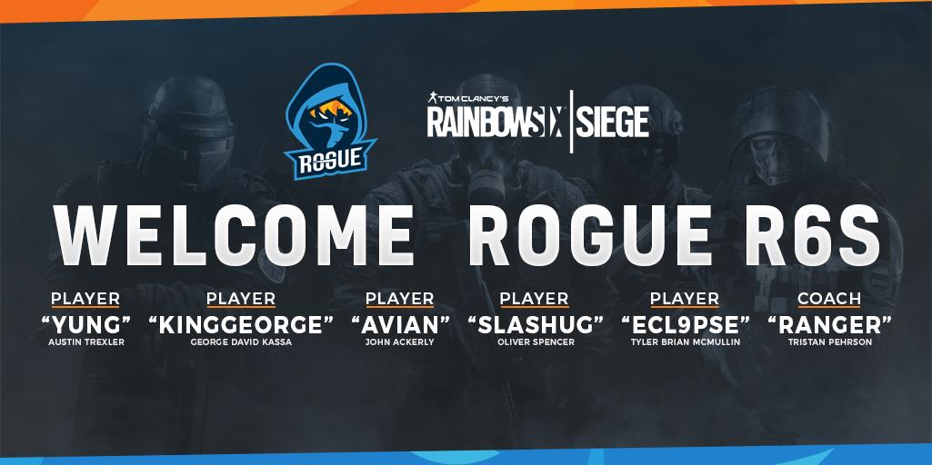 NAVILeague's tweet photo. Just in time for #gamescom2017.

Introducing #RogueR6S!

@Yung_R6
@KingGeorgeTV
@AvianR6
@SlashugR6
@Ecl9pse
@RaNgerGG (Coach)

#RogueWin https://t.co/tGg89ivbyZ
