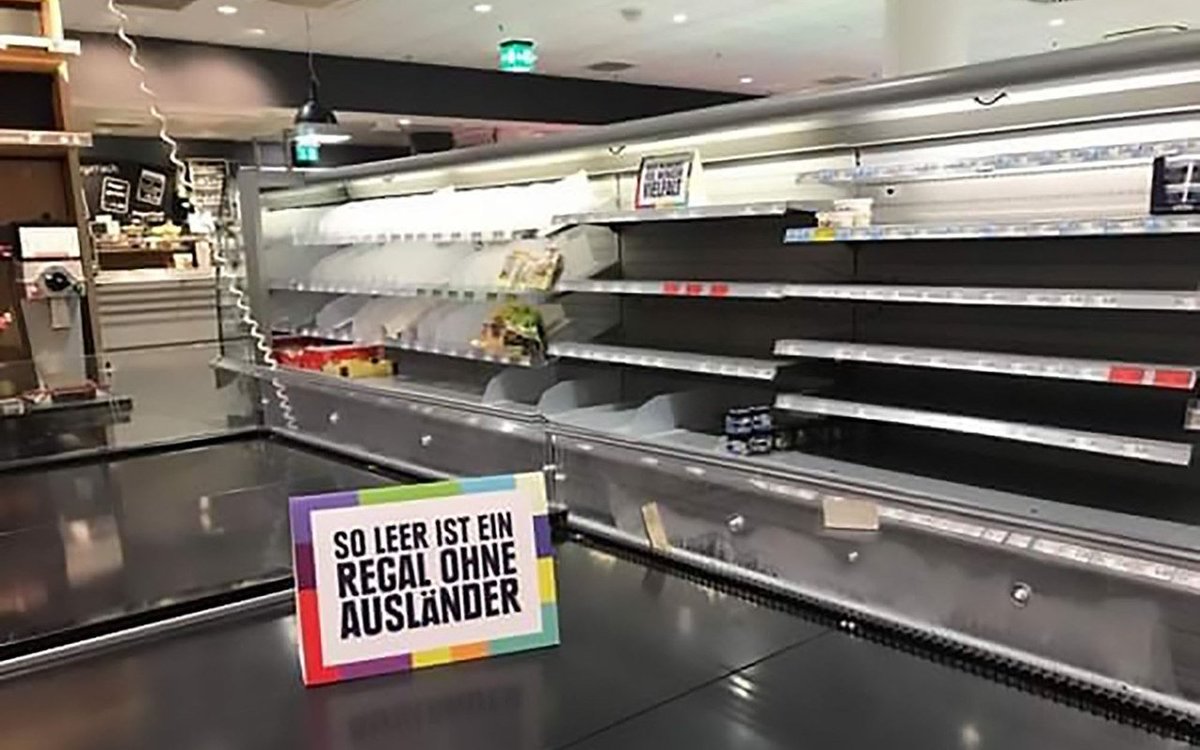 Telegraph's tweet photo. German supermarket clears its shelves to make point about racism https://t.co/1xEFMhwlzm https://t.co/5Z130RqLmr