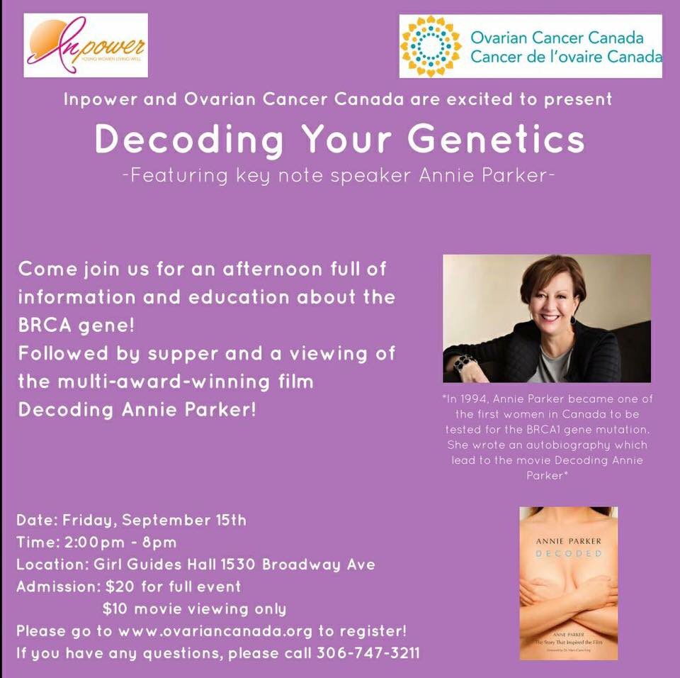 inpowerregina's tweet photo. If you are considering genetic testing for the BRCA gene mutation,you cant miss out on our event with @annieparkerBRCA #decodingAnnieParker https://t.co/4psAdIGj1t