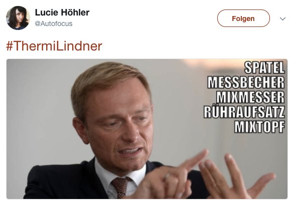 BuzzFeedGermany's tweet photo. Twitter macht @c_lindner mit #ThermiLindner zum Thermomix-Vertreter, und es ist wahnsinnig witzig.
Noch mehr hier -> https://t.co/rP2CLPBiD3 https://t.co/2tN7TVzwiq