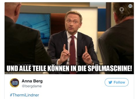 BuzzFeedGermany's tweet photo. Twitter macht @c_lindner mit #ThermiLindner zum Thermomix-Vertreter, und es ist wahnsinnig witzig.
Noch mehr hier -> https://t.co/rP2CLPBiD3 https://t.co/2tN7TVzwiq