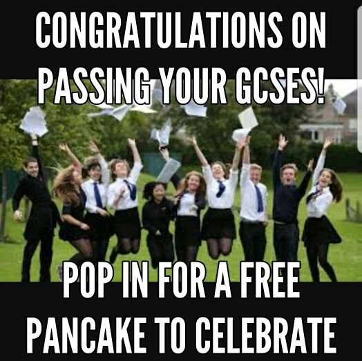 UKCoffeeShopRO's tweet photo. Bring your results slip in and have a pancake on us! You earnt it! #ResultsDay2017 https://t.co/iKhHBAmgYH