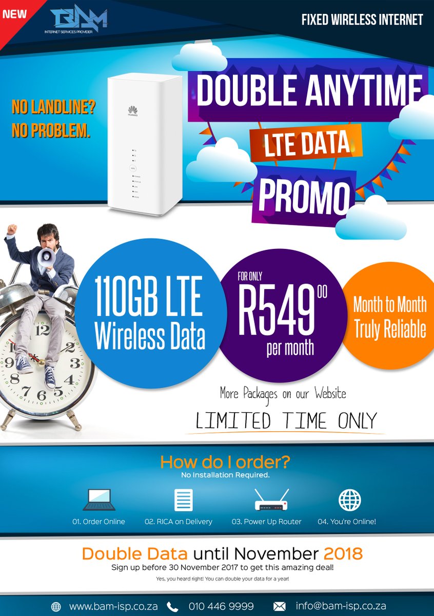 Need Rocket-Fast Internet with no land line &amp; no contracts for as little as R549? Then you need BAM LTE-A!

Vist bam-isp.co.za