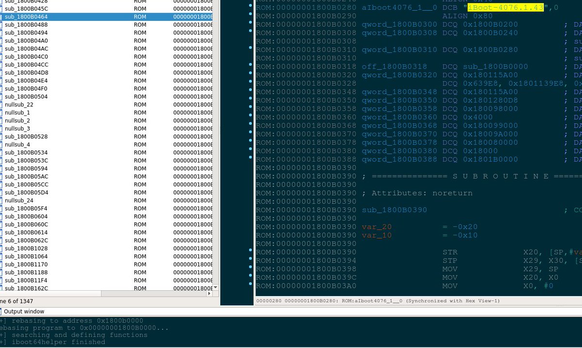 My iBoot64helper against iBoot 4076.1.43 from iPhone7p 11beta6 (key by <a href="/p0sidonius/">posidonius</a>).
github.com/argp/iBoot64he…