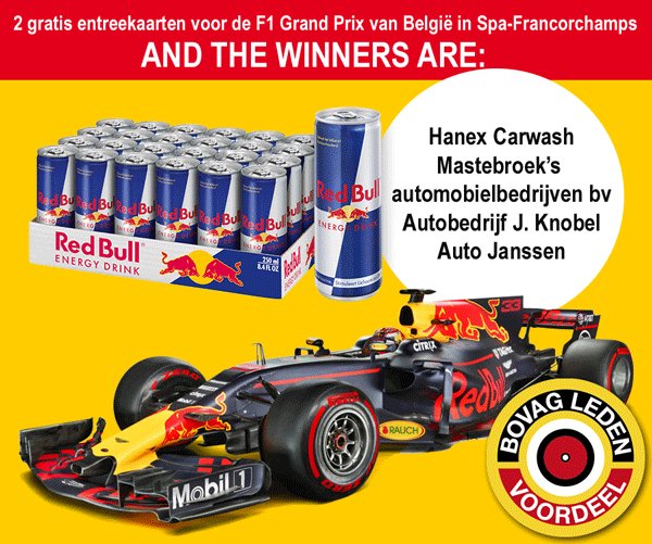 BOVAGwinkel's tweet photo. Gefeliciteerd  #BOVAGleden @HanexNL @mastebroeknl, Auto Janssen, Autobedrijf Knobel met 2 tickets voor #F1 #GP, #België #RedBull https://t.co/sqsPKRH5hL