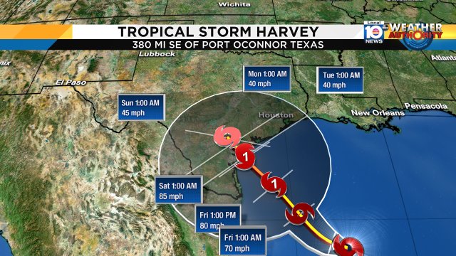 Harvey should become a category 1 hurricane before making landfall near Corpus Christi. Life threatening flooding https://t.co/8IG0IQT1qr