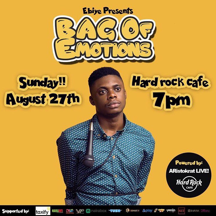 thetolulope's tweet image. This Sunday, let's have a good time together with @ComedianEbiye live at Hardrock.#BagsOfEmotions  #VerbalPromotions #VisualComedy.