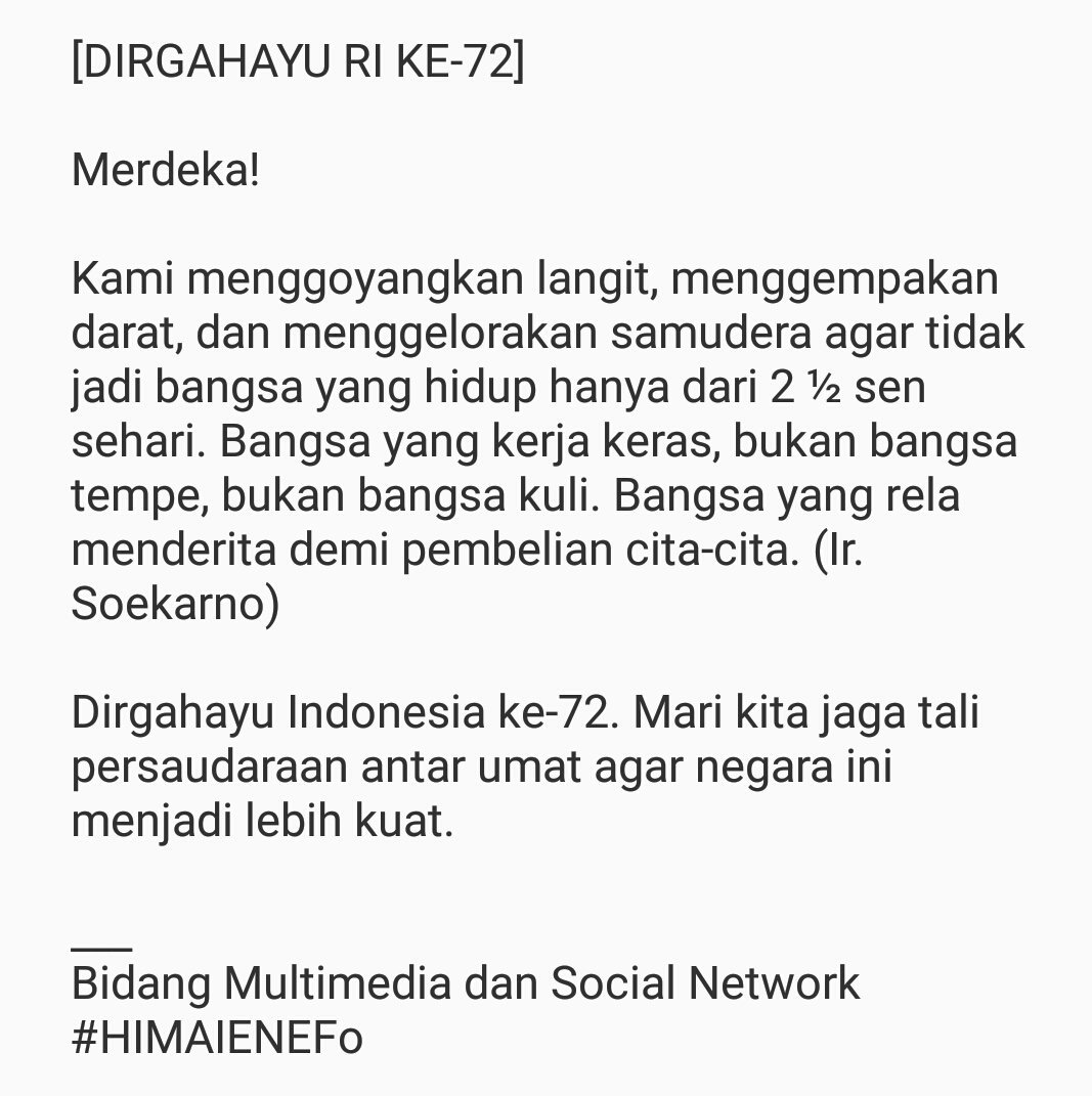 [DIRGAHAYU RI KE-72]

Merdeka! 
___
Bidang Multimedia dan Social Network
#HIMAIENEFo
