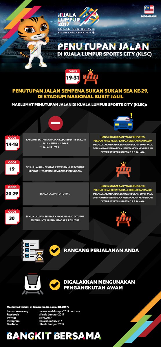 KL2017's tweet photo. Penutupan jalan di Kuala Lumpur Sports City (KLSC) #KL2017 #BangkitBersama #RisingTogether https://t.co/tSQWMbo0p0