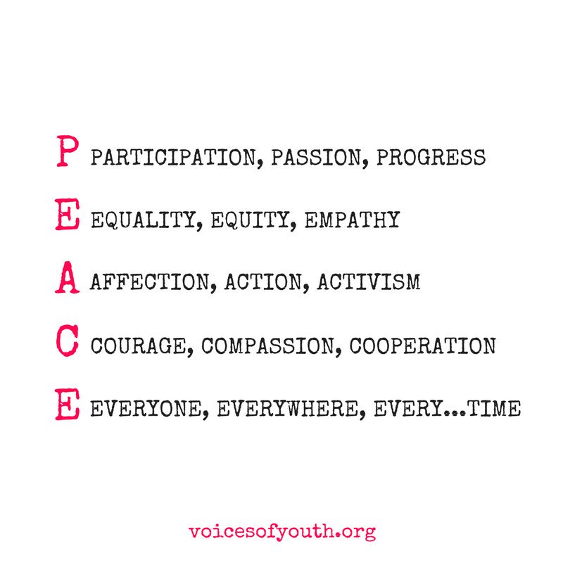 UNICEF's tweet photo. P.E.A.C.E. 

From @voicesofyouth  - our channel by youth, for youth. RT https://t.co/YzOOyqglwo