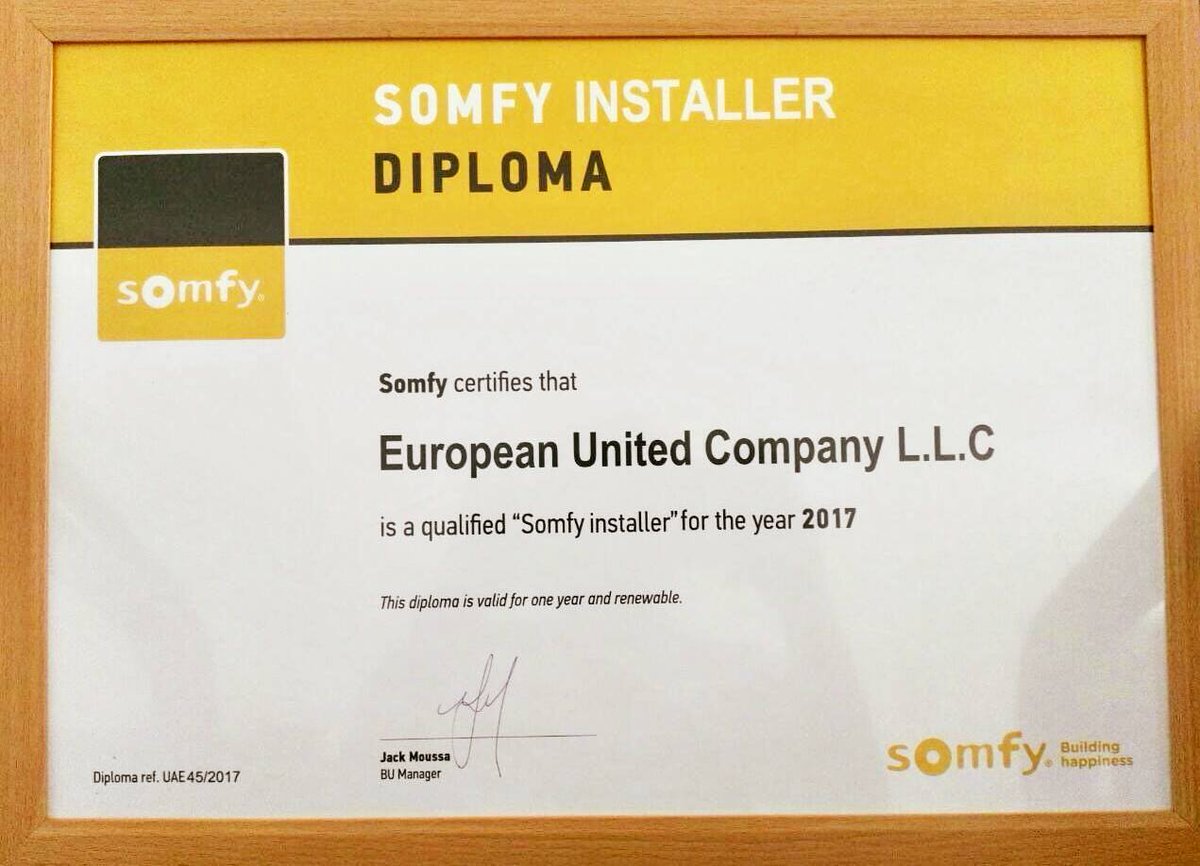 Eucgates's tweet photo. @SomfyUS certifies that European United Company LLC (@Eucgates) is qualified #Somfy_Installer for the #Year2017.
Call - +97165758688 https://t.co/owSCCdOzFP