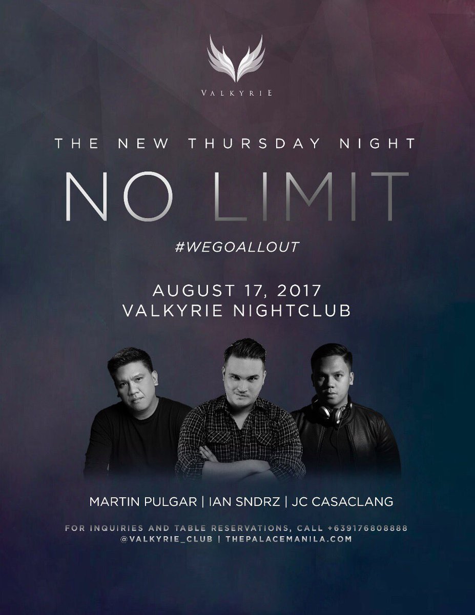 lverrgeldedios's tweet photo. Thursdays at The Palace Manila. π
For table reservations and guestlist contact
0905 445 5844 π²
#ValkyrieAtThePalace
#PalacePoolclub https://t.co/JksTHHWw39