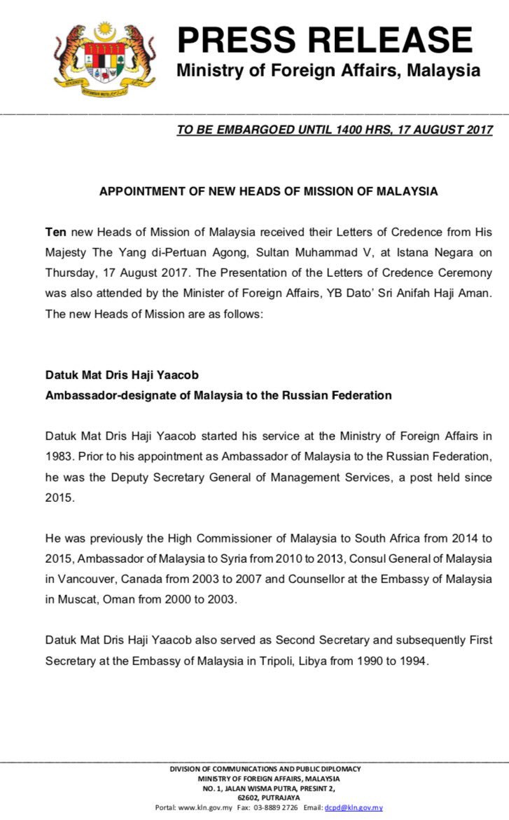 Foreign affairs of malaysia minister A Letter