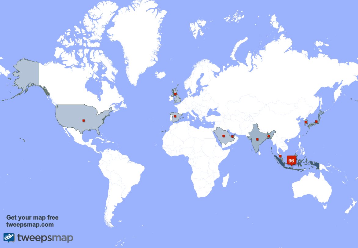 My followers live in 11 countries: Indonesia(96%), Malaysia(1%)... tweepsmap.com/!virmanzah48 Get your free map!
