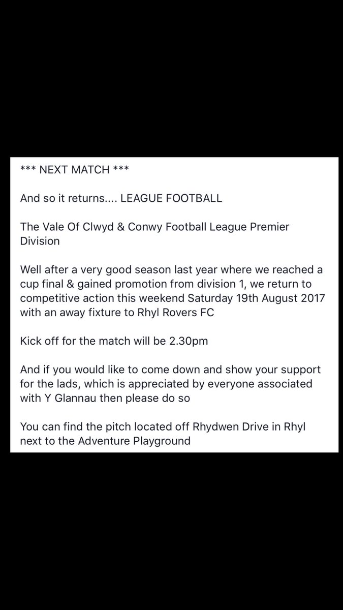 Y_Glannau's tweet photo. *** NEXT MATCH ***

Vale Of Clwyd &amp; Conwy Football League Premier Division

@RhylRovers Vs Y Glannau https://t.co/pRlQvF19Yc