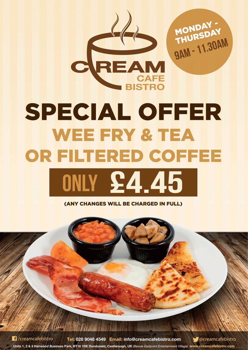 Brysons_bar's tweet photo. The BEST offer in the EAST TODAY - Call in &amp; grab our delicious wee FRY ONLY £4.55! #CreamCafeBistro https://t.co/B0UANuGaZp