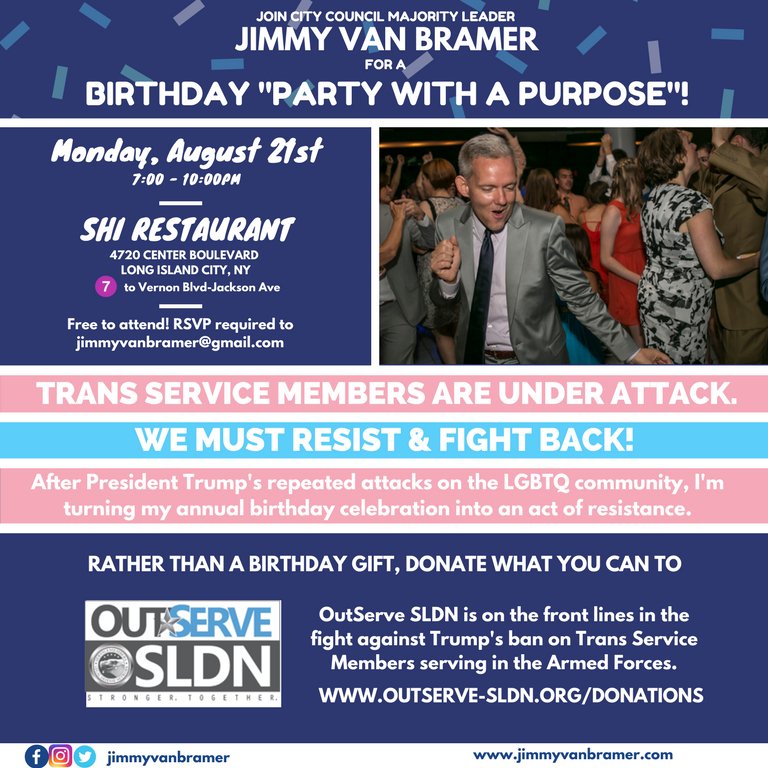 JimmyVanBramer's tweet photo. Join me next Monday at 7PM for a B-day "party with a purpose" to benefit @OutServeSLDN! Free, but RSVP required! https://t.co/iEx3tWya40 https://t.co/EcAxRUXE9s