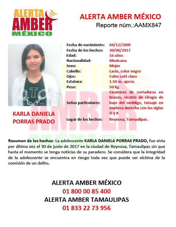 _LaAlameda's tweet photo. #TeBuscamos Karla Daniela Porras Prado, 16 años, 30/6/17 #Reynosa #Tamaulipas #911 https://t.co/9Nsui8XTkT