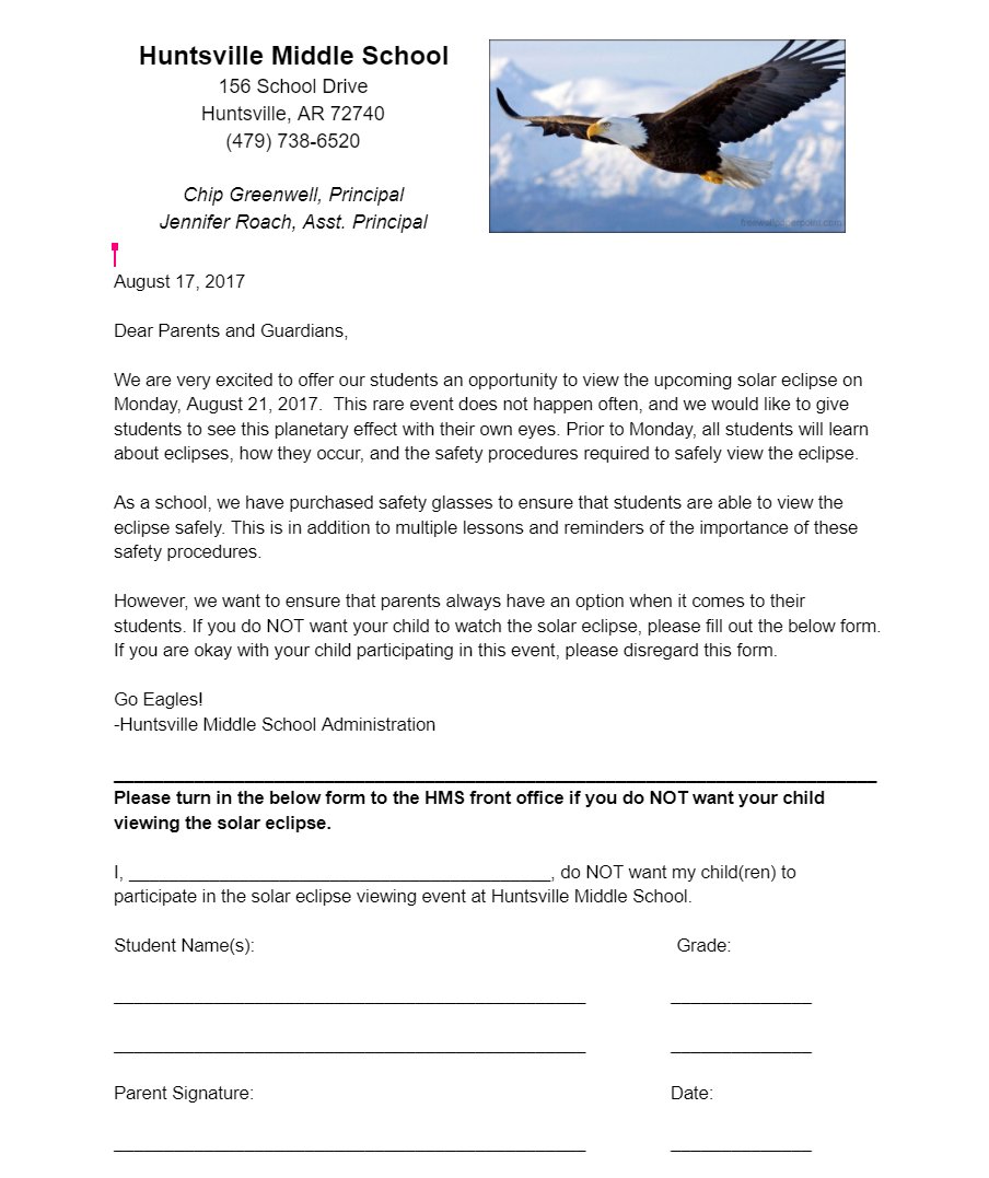 HuntsvilleMS's tweet photo. An important message about our students' viewing Mon's solar eclipse with the option to opt out of the viewing.  Form below. #SoaringAtHMS https://t.co/M4g4G3ng2t