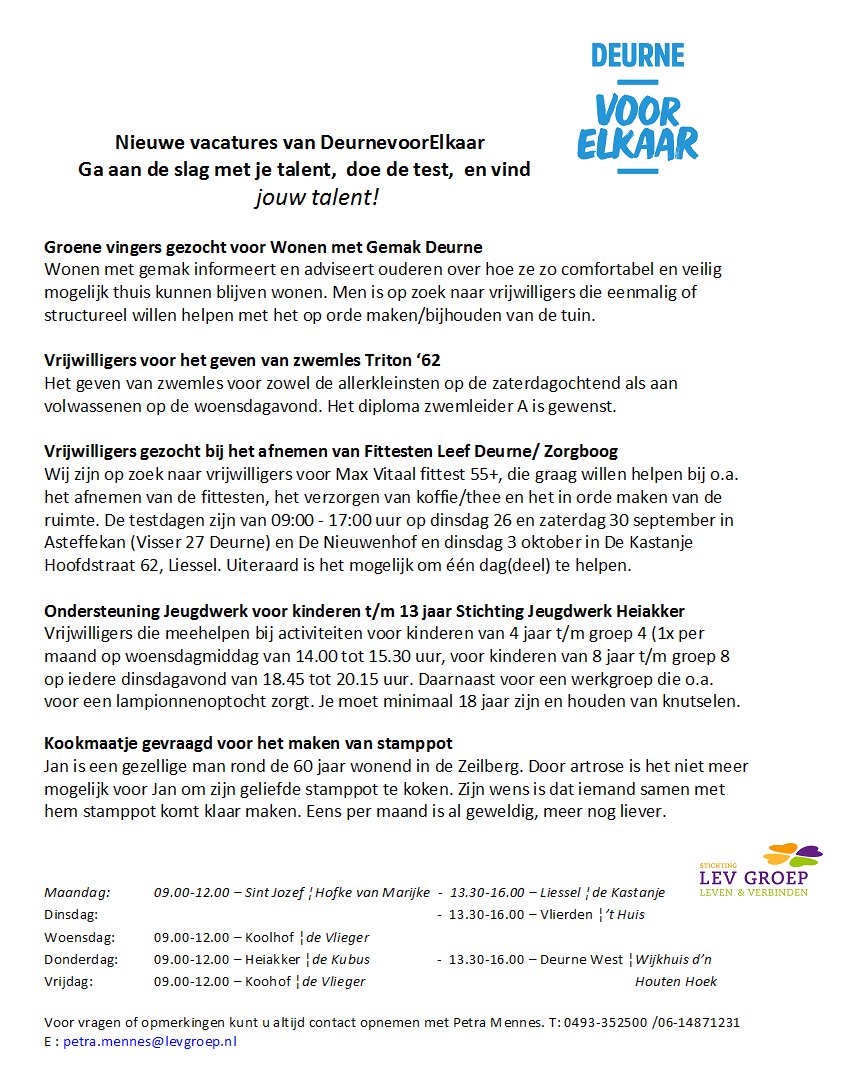 Deurnevoorelk's tweet photo. Weer volop leuke vrijwilligersvacatures. Kijk ook op https://t.co/SmLEPbLw4f https://t.co/C3ms9K43ih
