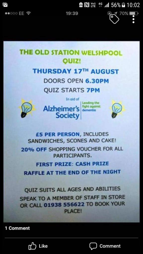 Pop along to the old station Welshpool tonight for a fundraising event. <a href="/AlzSocCymru/">Alzheimer's Society Cymru</a> <a href="/mywelshpool/">MyWelshpool</a>
