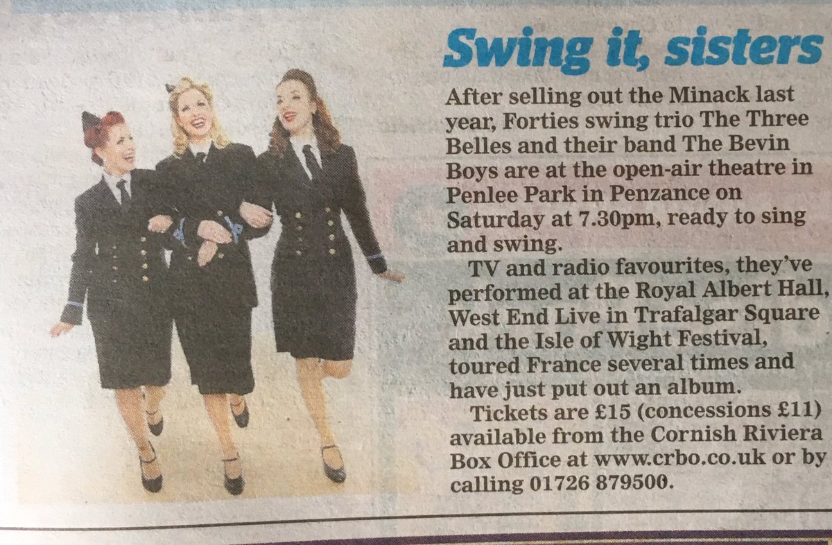 Sat Aug 19 <a href="/TheThreeBelles/">The Three Belles</a> Methodist Church Chapel St PZ - We're in the dry! Tickets OTD too! <a href="/WhatsOnCornwall/">WhatsOn Cornwall</a> Great preview! See you there!