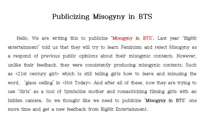 bts_misogyny's tweet photo. 공론화 입장문 영문 번역입니다. 공론화 입장문 영문 번역입니다. We are writing this to publicize 'Misogyny in BTS'. #몰카는_범죄입니다_빅히트 https://t.co/HWtRGp7Hsk