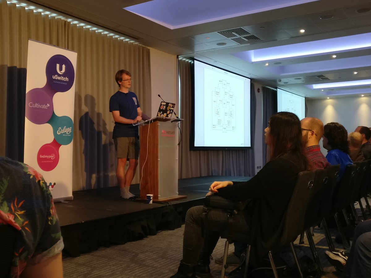 mariaInTech's tweet image. Amusing to watch @CrowdHailer speaking abt working with HTTP2 in Elixir AND I do support that we shall all walk around shoe-less! #ElixirLDN