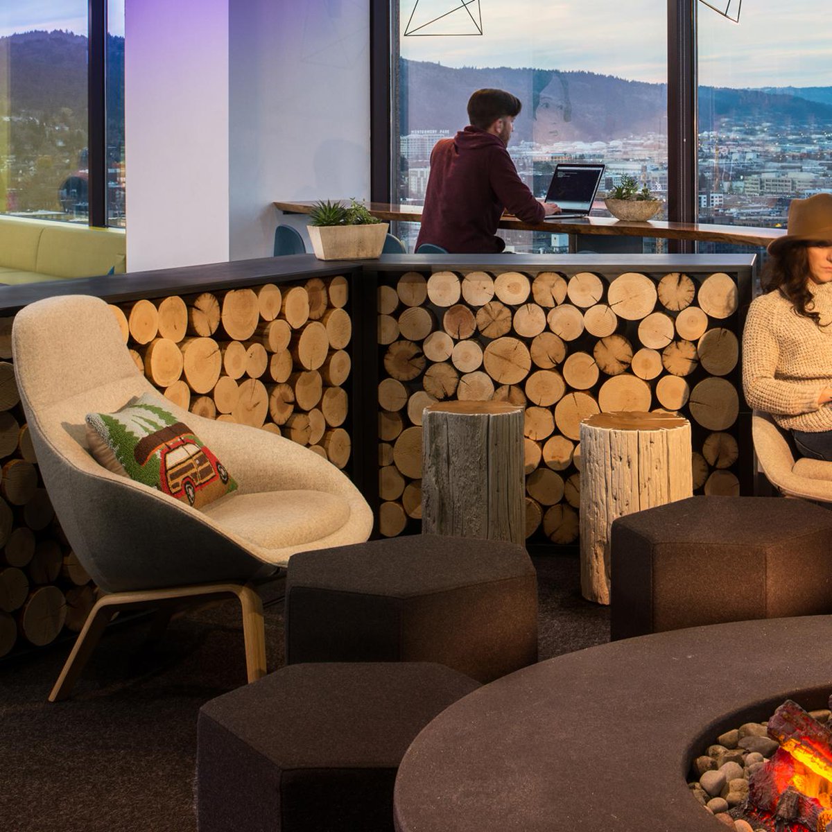 naughtone's tweet photo. In this Portland workspace the #AlwaysLounge chair takes pride of place by the feature fire for ultimate coziness... https://t.co/N1dKvAxCKD https://t.co/18bPhNOz8g