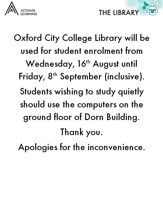 ActivateLibrary's tweet photo. While the Oxford City Campus Library is closed for quiet study, you can still pop in to borrow a book or dvd! https://t.co/DFUelsLmaH