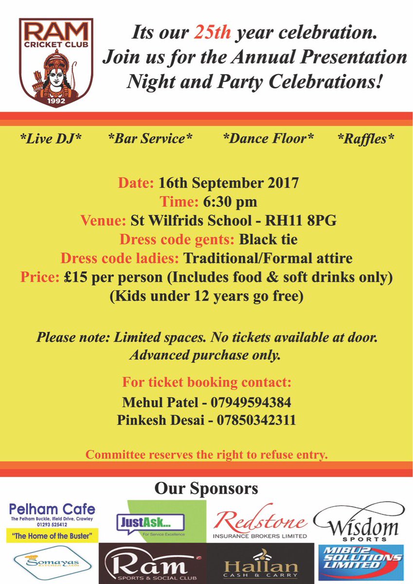 RamCricketClub's tweet image. It's the party of all party's this September. Get your tickets whilst you can. #ramcc #cricket