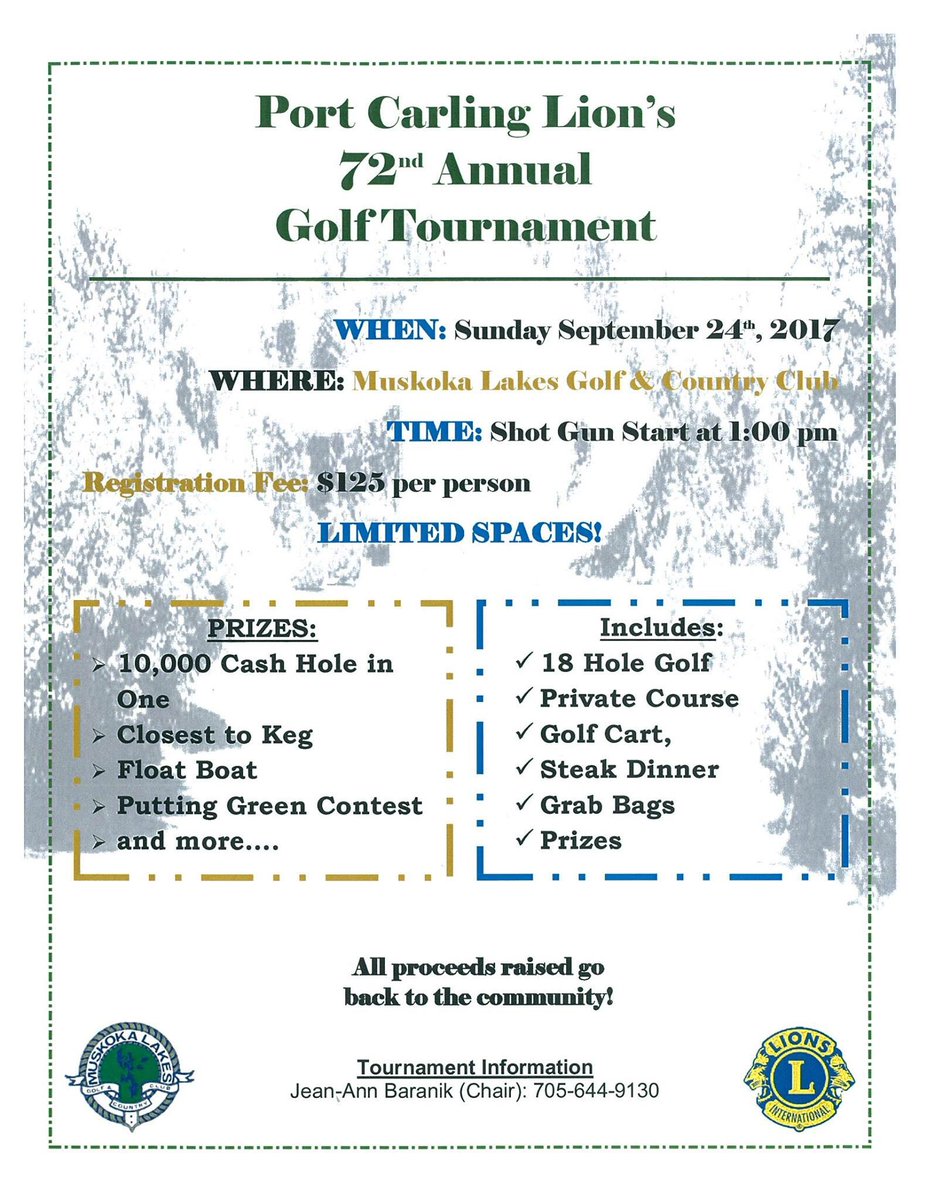 Port Carling Lions Golf Tournament is fast approaching! September 24th at MLGCC. Register today! 🏌⛳️