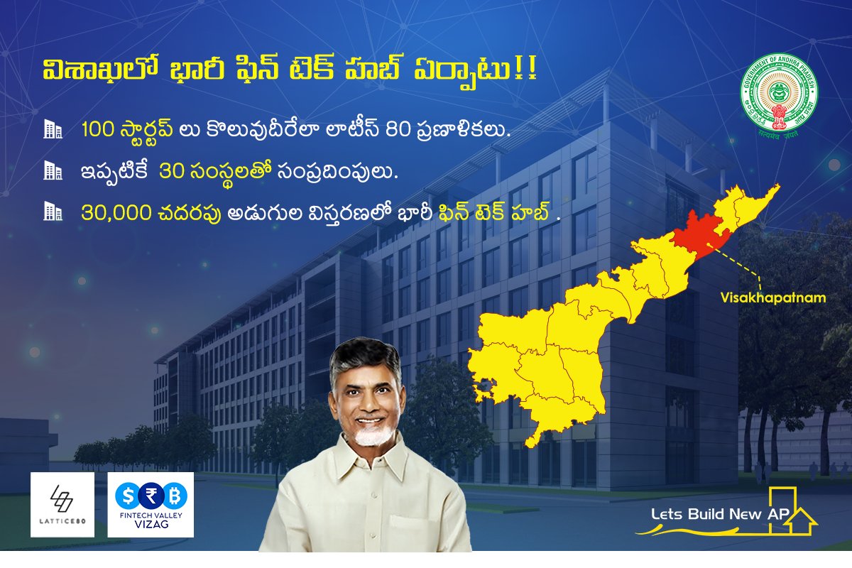 LetsBuildNewAP's tweet image. విశాఖలో భారీ ఫిన్ టెక్ హబ్ ఏర్పాటు!!
#LetsBuildNewAP #Vizag #FintechHub #Lattice80