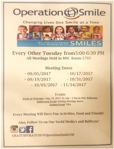 OSatUSF's tweet image. Come join Operation Smile for our WOW event for awesome Minute-to-Win-It games, and FREE FOOD on August 23 from 11am-1pm in the MSC Ballroom