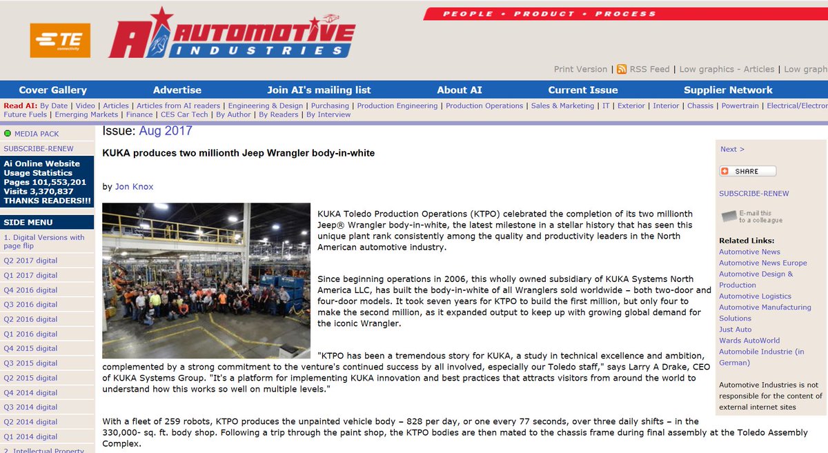 KUKAAmericas's tweet photo. Automotive Industries covers the  2 millionth Jeep Wrangler being produced at our KTPO plant in Toledo.
https://t.co/Qg5FDB5VtL https://t.co/oq2PTs2Fey