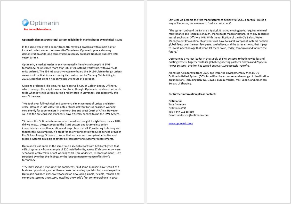 Press release - 16.08.2017 : Optimarin demonstrates total system reliability in market beset by technical issues.