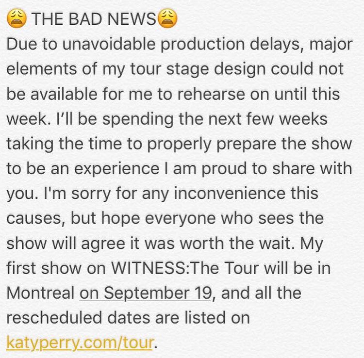 WitnessTourEURO's tweet photo. Katy's statement about the tour being delayed because of production issues. #WitnessTheTour https://t.co/BR5N7GVo9s