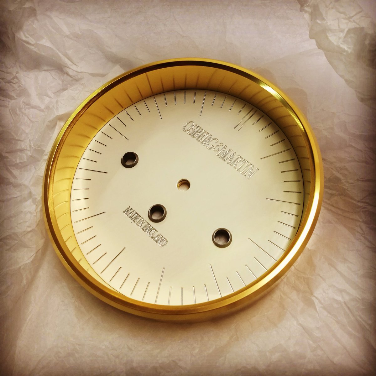 Gold plated clock face housing from Osberg & Martin. #gold #luxuryclocks #madeinengland #newhome #horology #manufacturing #contemporaryart