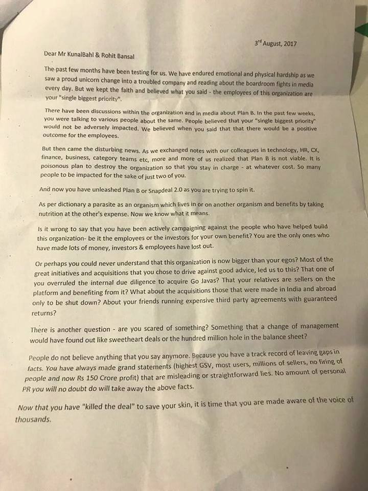 BWBusinessworld's tweet photo. Employees of @snapdeal write a personal letter to the founders.. They have also sent this to PMO.
#internalmemo @BwDisrupt @anuragbatrayo https://t.co/kEMRUu83l8