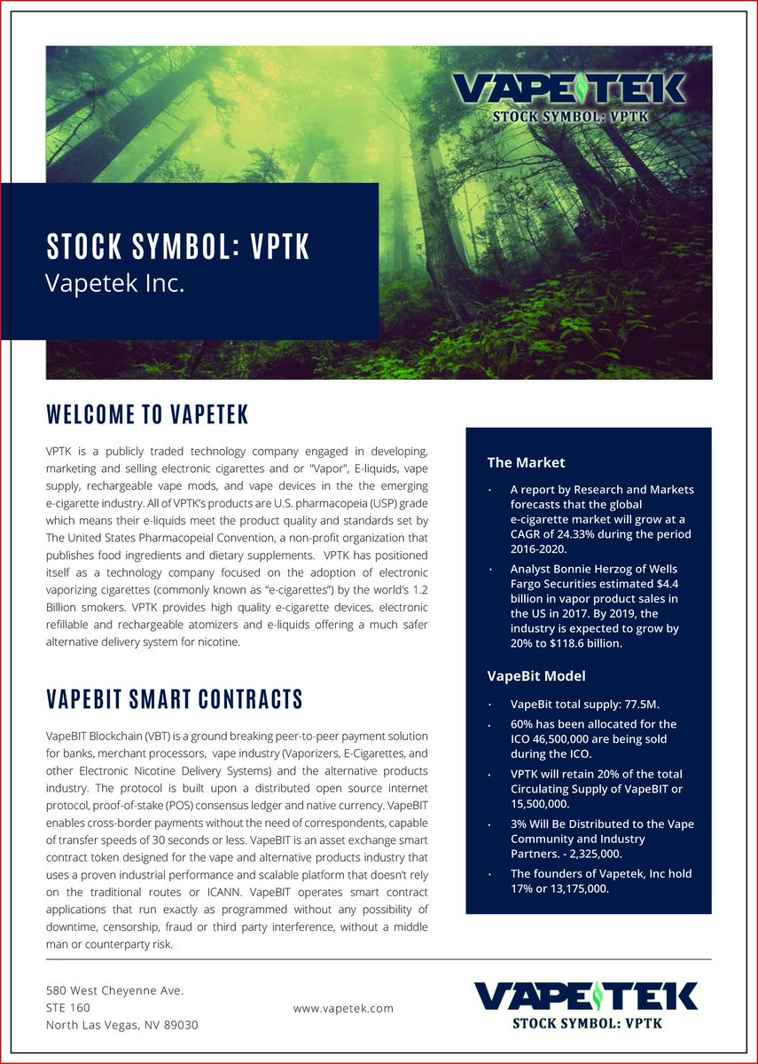 CrusaderStocks's tweet photo. Vapetek (OTC:VPTK) is a technology company engaged in developing, marketing and selling electronic cigarettes #ecigarrette @frontpagestocks https://t.co/1TCQedepF8