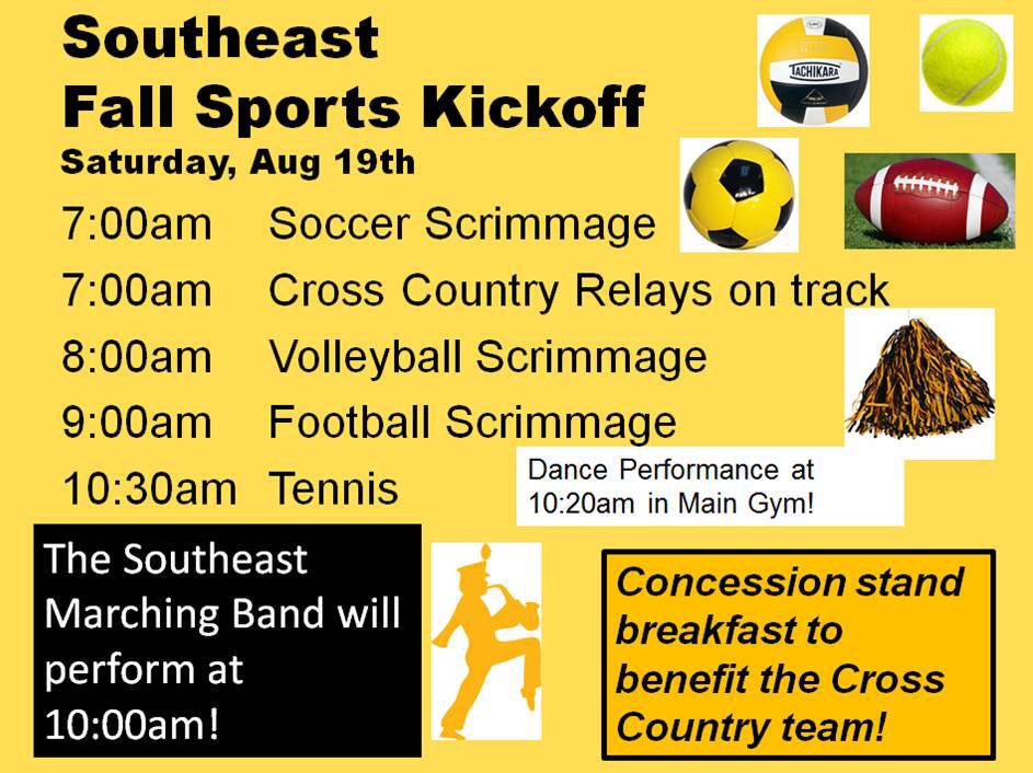 WichitaSEHS's tweet photo. Support Southeast by coming out to our Fall Sports Kickoff this Saturday! #wpsproud https://t.co/wZA4Gpzli4