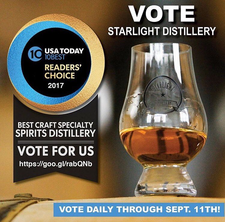 Huber's Starlight Distillery has been nominated for USA Today's Best Craft Specialty Spirits Distillery!