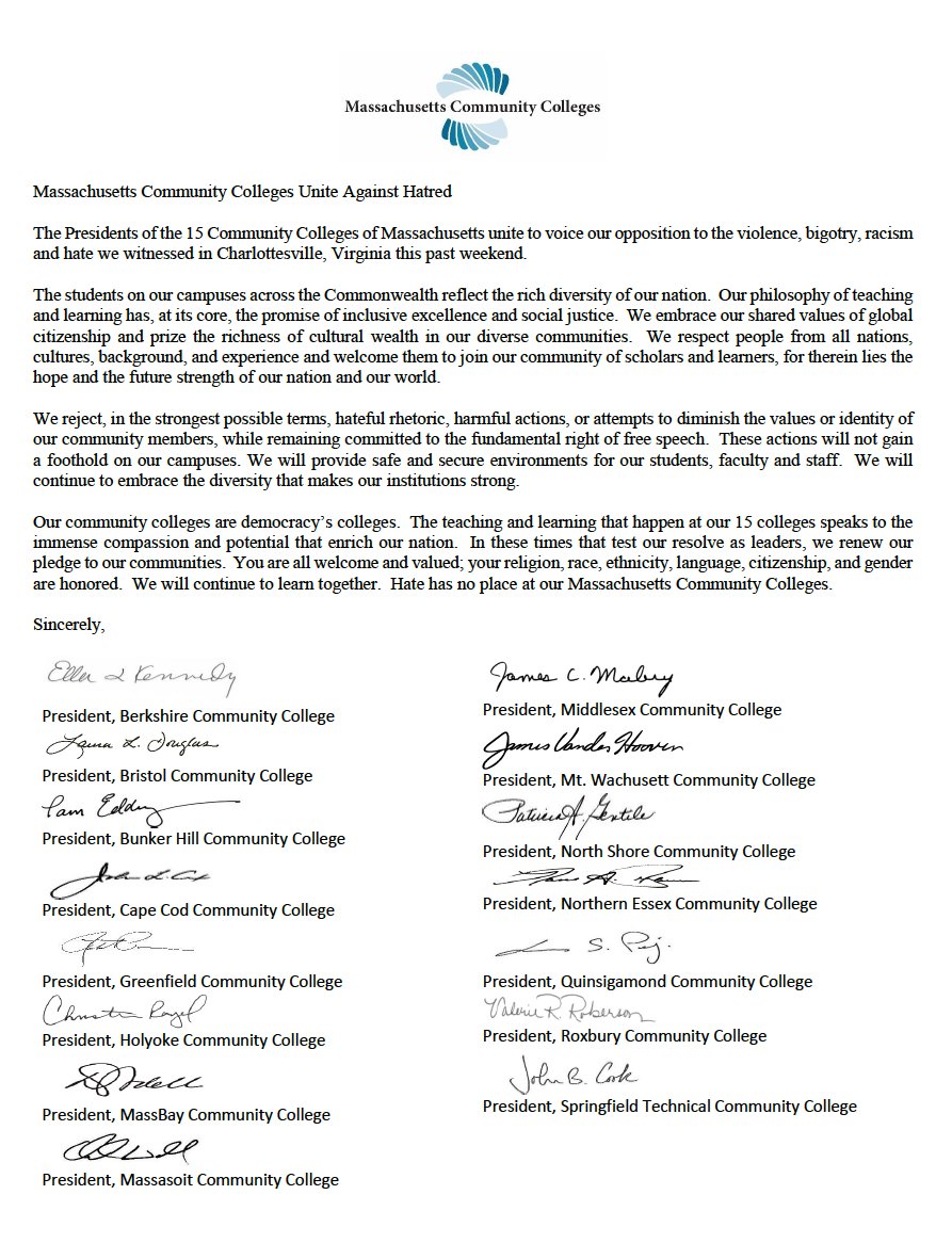 STCCSpringfield's tweet photo. Massachusetts Community Colleges United Against Hatred. https://t.co/yKlXM28dhi https://t.co/1DxjjbsP0d
