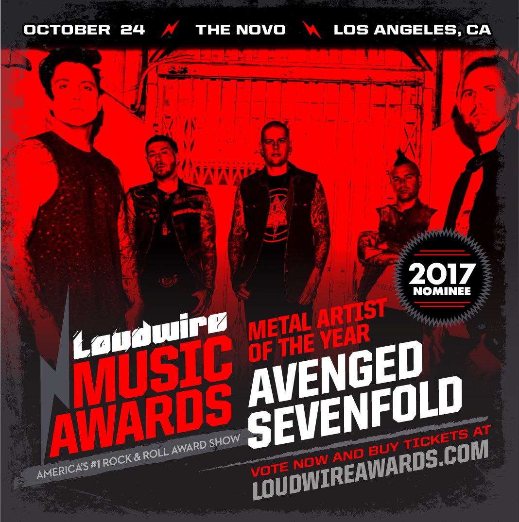 TheOfficialA7X's tweet photo. We're nominated for three 2017 @Loudwire Music Awards! Vote 1x per hour through Oct. 2nd at https://t.co/1VtCCLd3gx #LoudwireAwards https://t.co/nLtAGuyO7m
