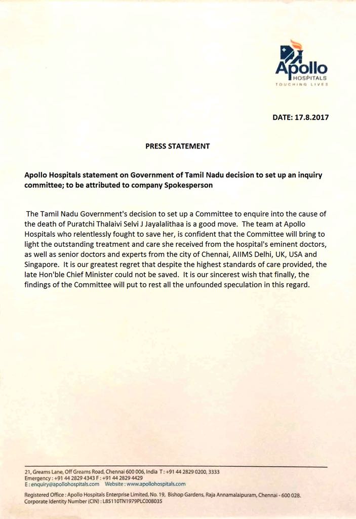 Ahmedshabbir20's tweet photo. Apollo hospitals statement on #jayalalithaa death probe https://t.co/pBLPqPhO6s