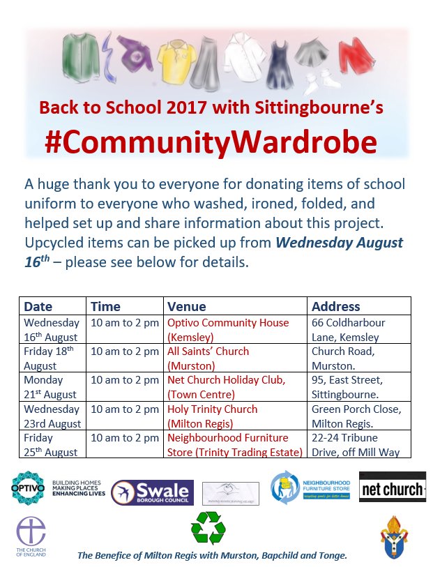 revlesleyjones's tweet photo. @optivohomes @SwaleCouncil @c_of_e Parents can pick up items of #SchoolUniform between 10am and 2pm tomorrow @MurstonCommHub - see flyer for #CommunityWardrobe venues. https://t.co/Hq8d93LJBg