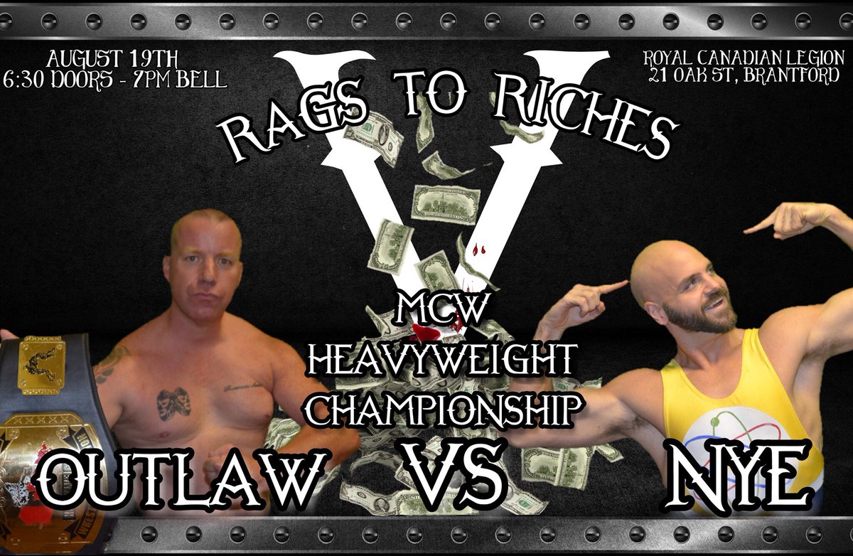 MCWBrantford's tweet photo. #Brantford!!! #MainEventAction sees @outlawscott defend the gold vs @JimNyeScience this Saturday!!! Are you #ForScience or #OutlawFierce? https://t.co/9KCFLwutUG