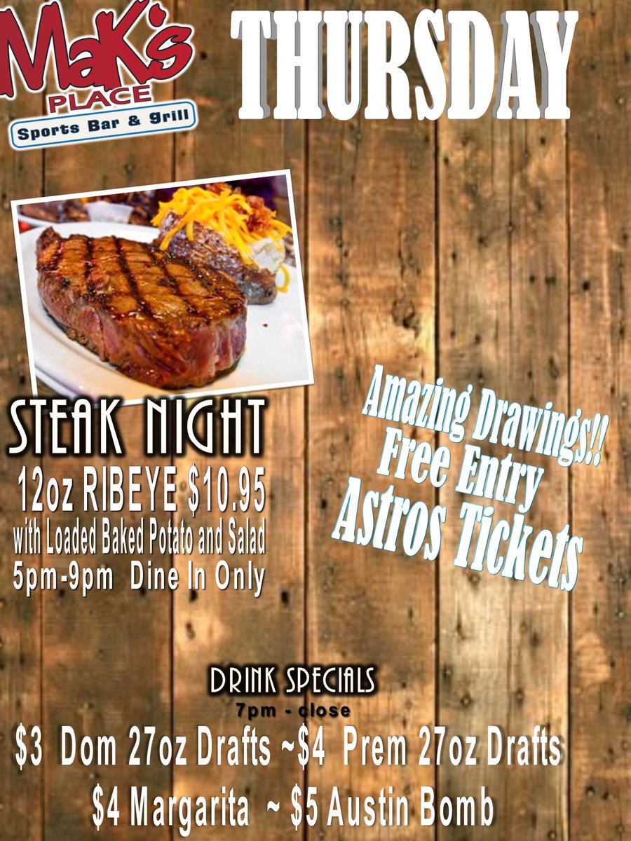 MaKsPlaceSports's tweet photo. 10.95 12oz Ribeye with Loaded Baked Potato and Side Salad and 25oz Big Beers on Special!! 5-9pm #SteakNight #ThirstyThursdays https://t.co/x2BCJHj8kh